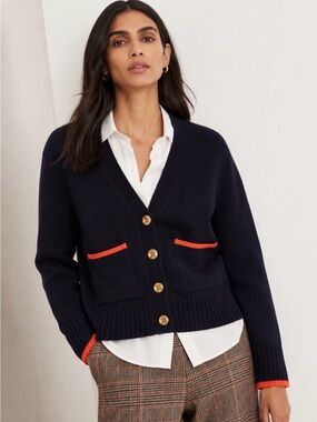 ME+EM $525 MSRP Wool and Cashmere Navy Cardigan with Orange Trim